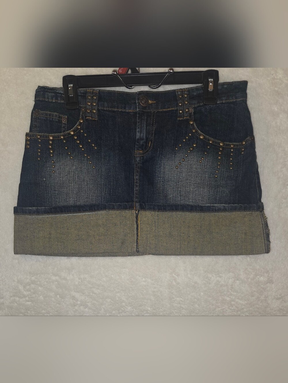 Vtg Y2K/Grunge Studded Tell Denim Micro Mini Skirt Cuff Two-Tone Dark Wash Sz L